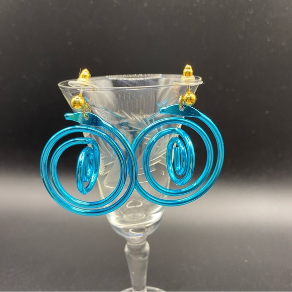 Blue Metal Spirals Long Dangle Post Pierced Earrings - Picture 4 of 7